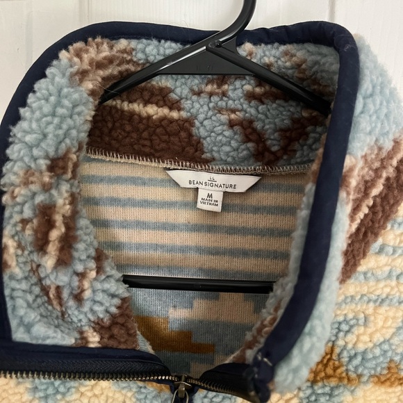 LL Bean Signature Sherpa Fleece Pullover 1/4 Zip Jacquard blue brown cream Mediu - Picture 11 of 11